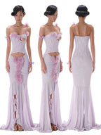 Sigrid 3D Flower Strapless Fishtail Maxi Dress In Purple Flowering Girl