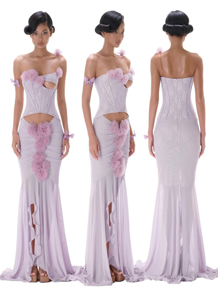 Sigrid 3D Flower Strapless Fishtail Maxi Dress In Purple Flowering Girl