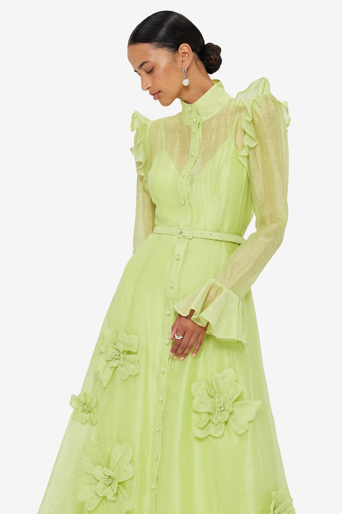 3d Flower Butterfly Sleeve Midi Dress - Chartreuse Flowering Girl