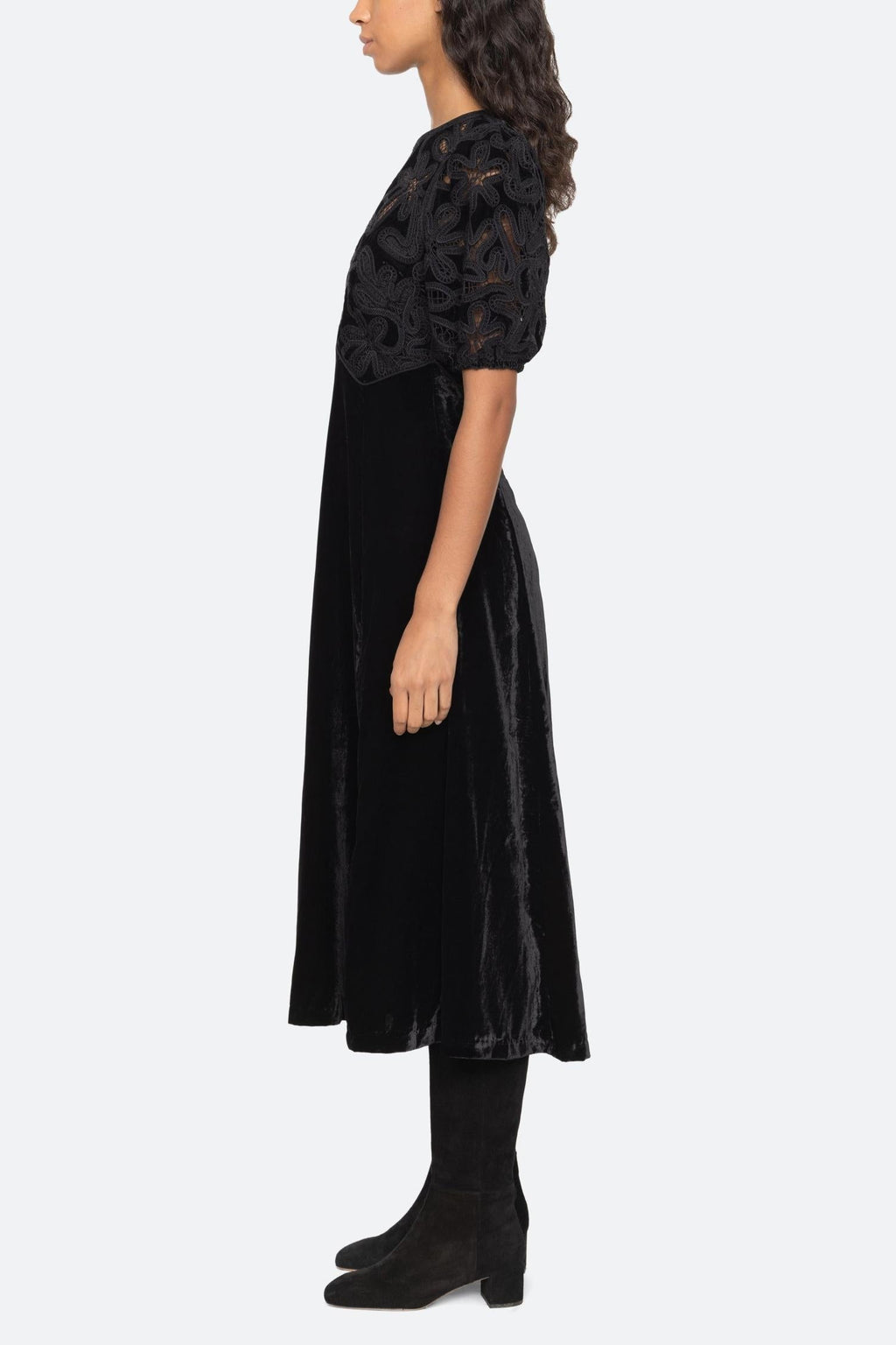 Velvet Puff Sleeve Embroidered Midi Dress In Black Flowering Girl
