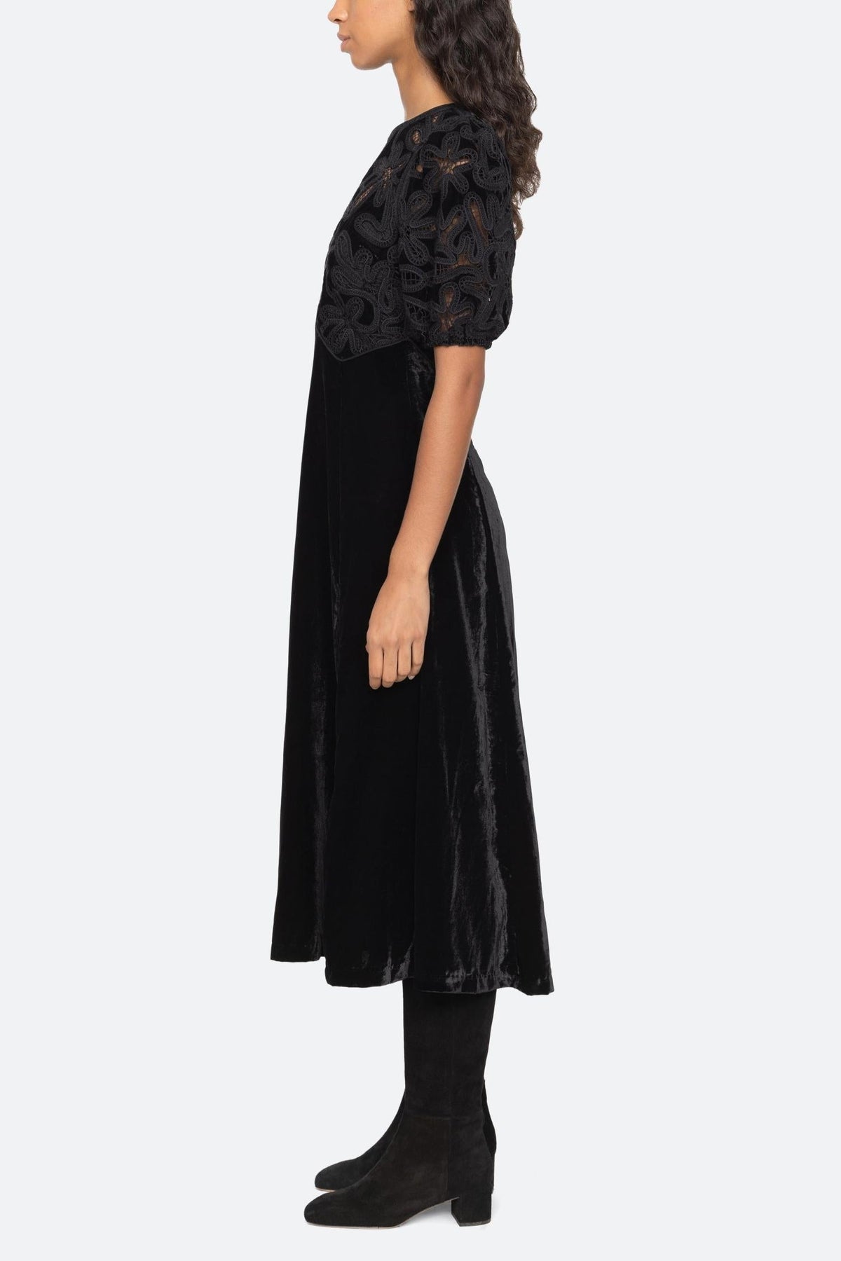 Velvet Puff Sleeve Embroidered Midi Dress In Black Flowering Girl