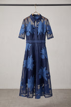 Navy Blue Sheer Organza A-Line Midi Dress with Floral Embroidery Flowering Girl