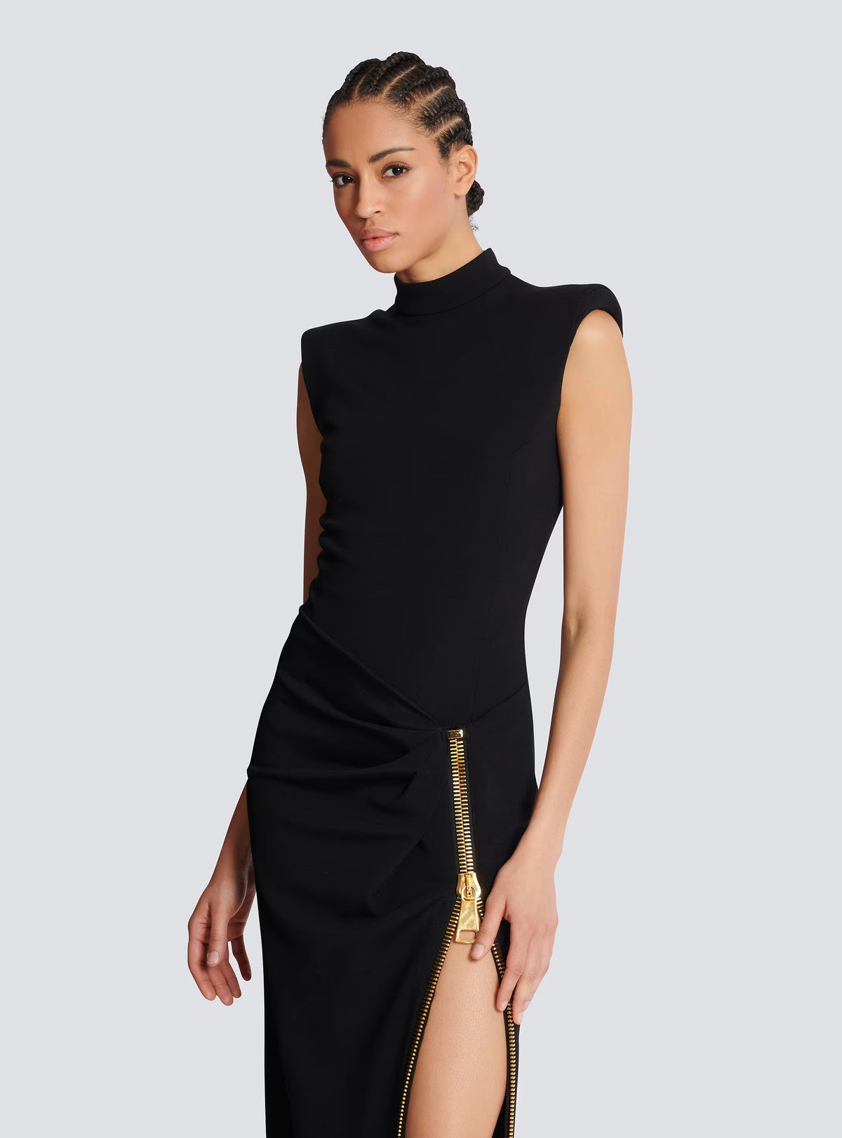 Black Sleeveless Zipper High Slit Elastic Jersey Maxi Dress Flowering Girl