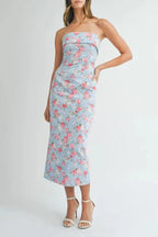 Sherry Strapless Floral Midi Dress In Blue Flowering Girl