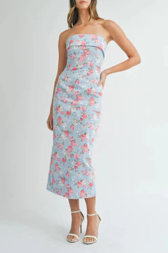 Sherry Strapless Floral Midi Dress In Blue Flowering Girl