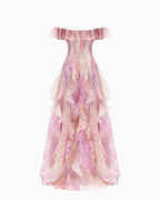 Helen Floral Frill Off-Shoulder Maxi Dress In Pink Flowering Girl