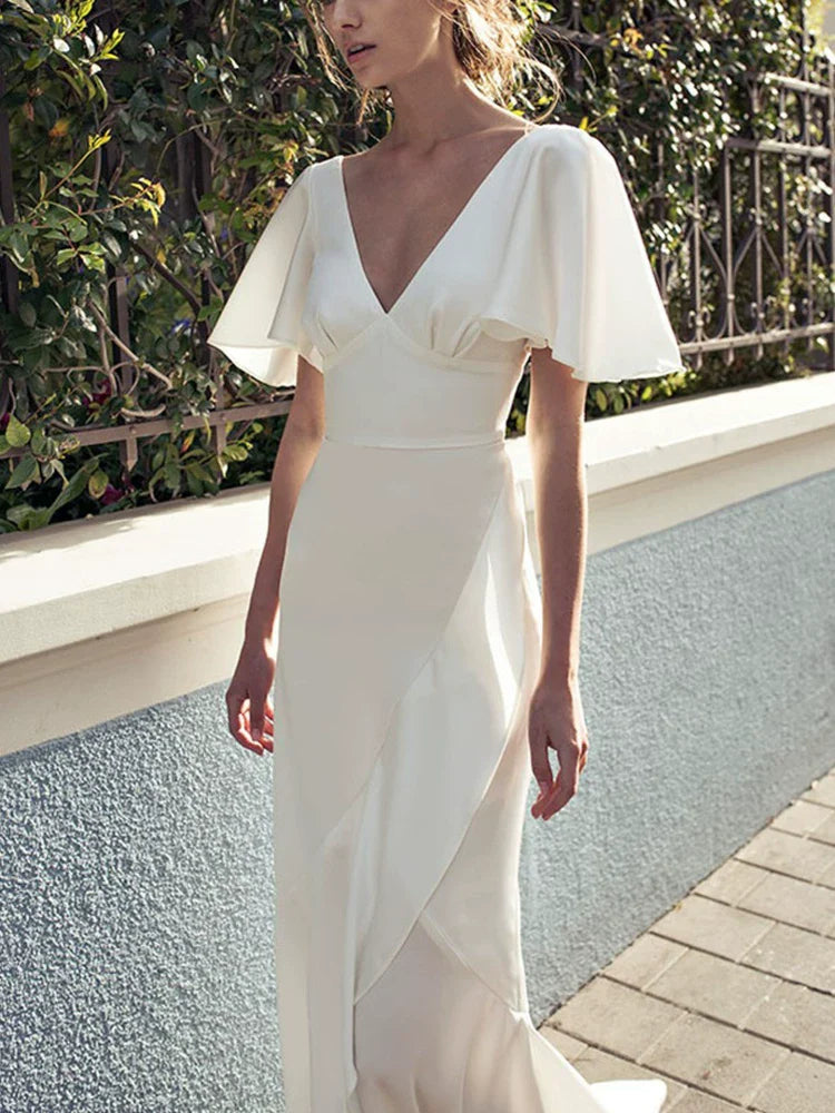 White Irregular V-Neck Backless Flared Sleeves Satin Dress Flowering Girl