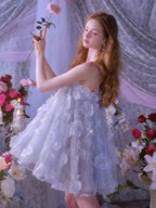 Tutu Light Blue Sleeveless Flower Diamond Short Doll Dress Flowering Girl