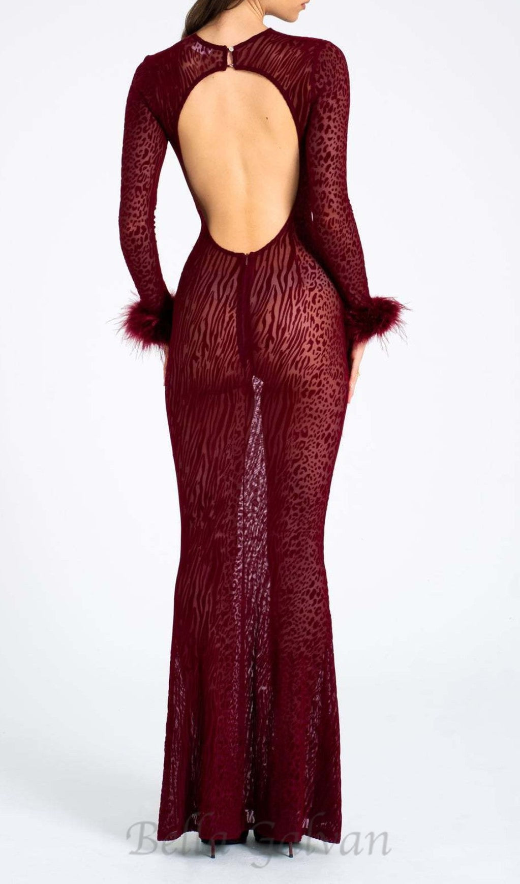 burgundy mesh feather maxi dress Flowering Girl