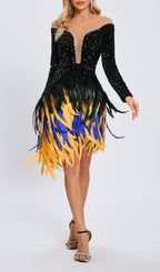 Long Sleeve Sequin Feather Dress Black Flowering Girl