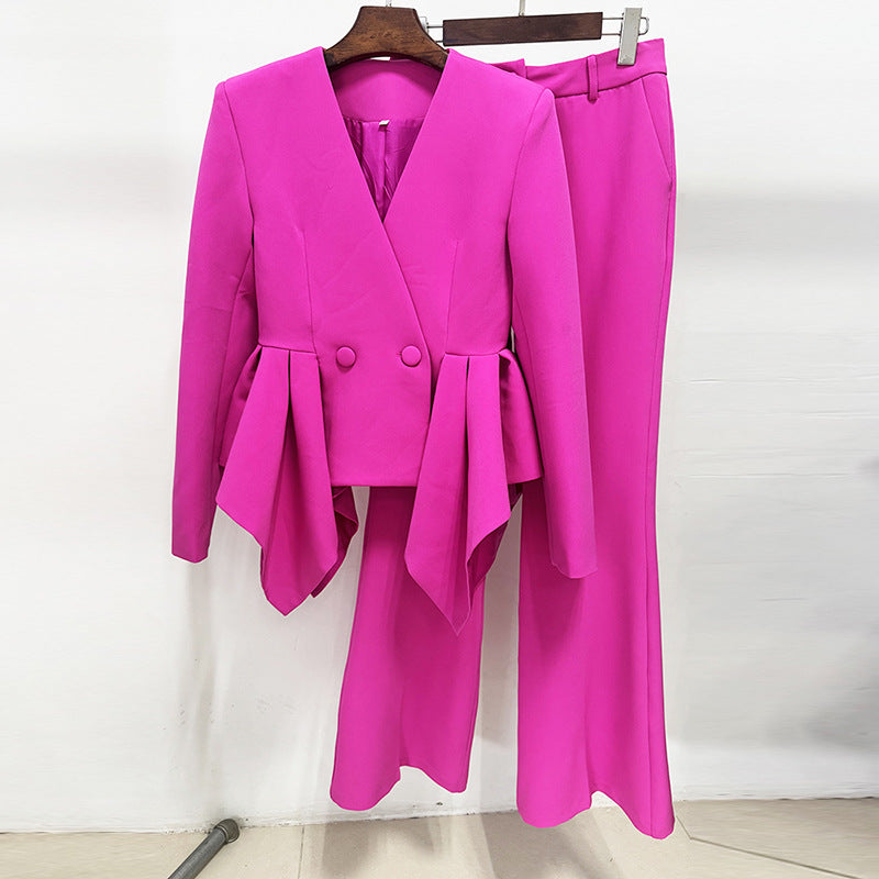 Audith Ruffled Blazer Two Piece Set - Pink Flowering Girl