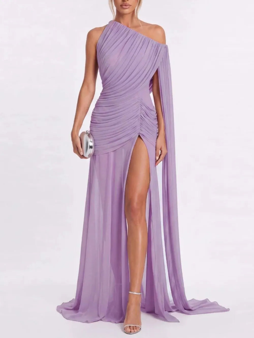 Faskel Ruched Split Maxi Dress In Purple Flowering Girl