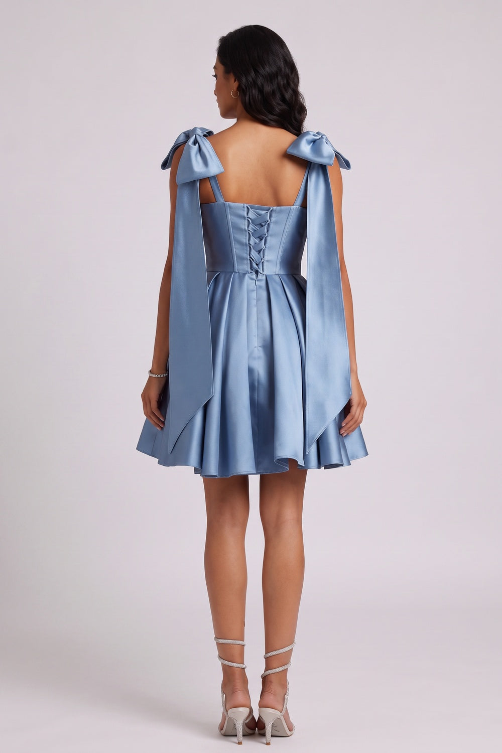 Square Neck Bow Strap Satin Mini Dress Flowering Girl