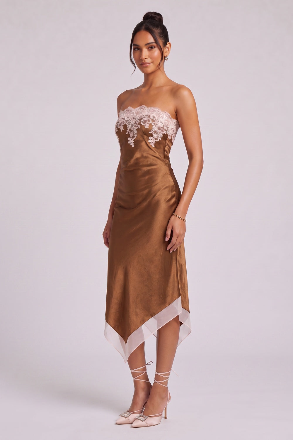 Bronze Satin Sheath Dress with Lace Applique Flowering Girl