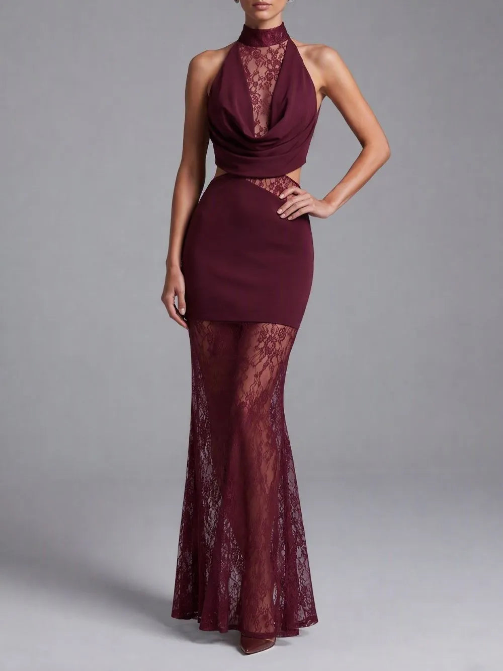 Milla Wine Halter Lace Maxi Dress Flowering Girl