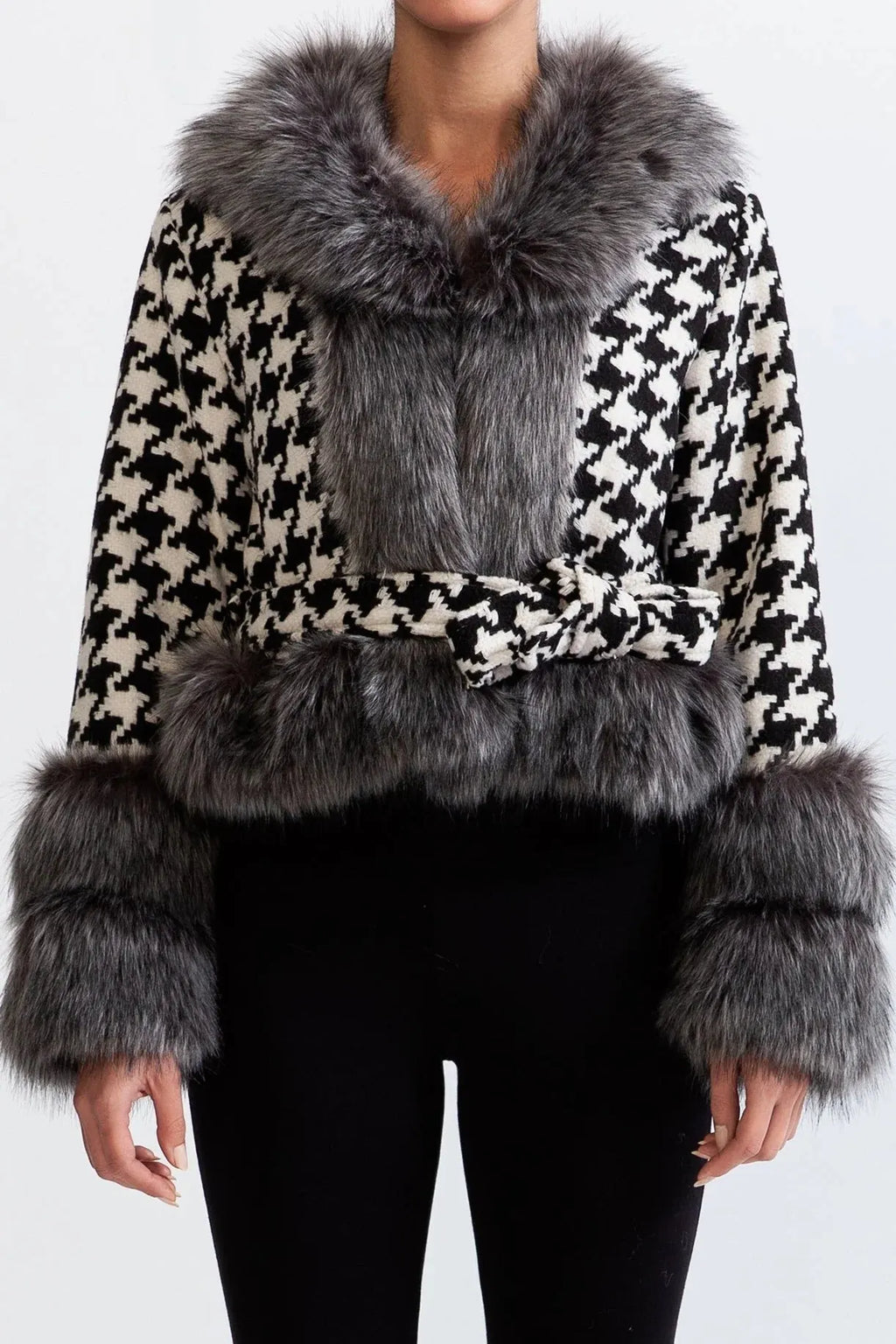 Natividad Houndstooth Wool Belted Coat With Fur Flowering Girl