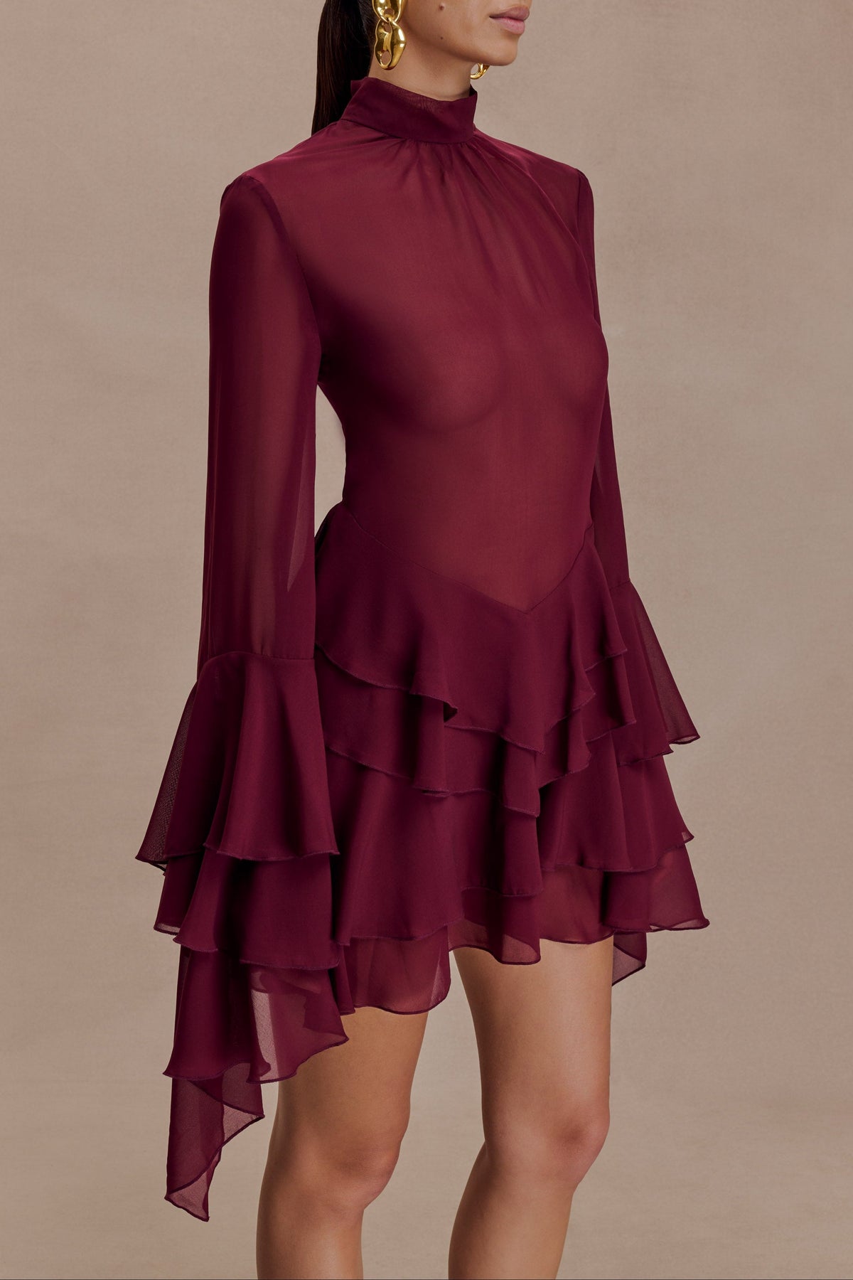 Chiffon Ruffle Mini Dress - Wine Flowering Girl