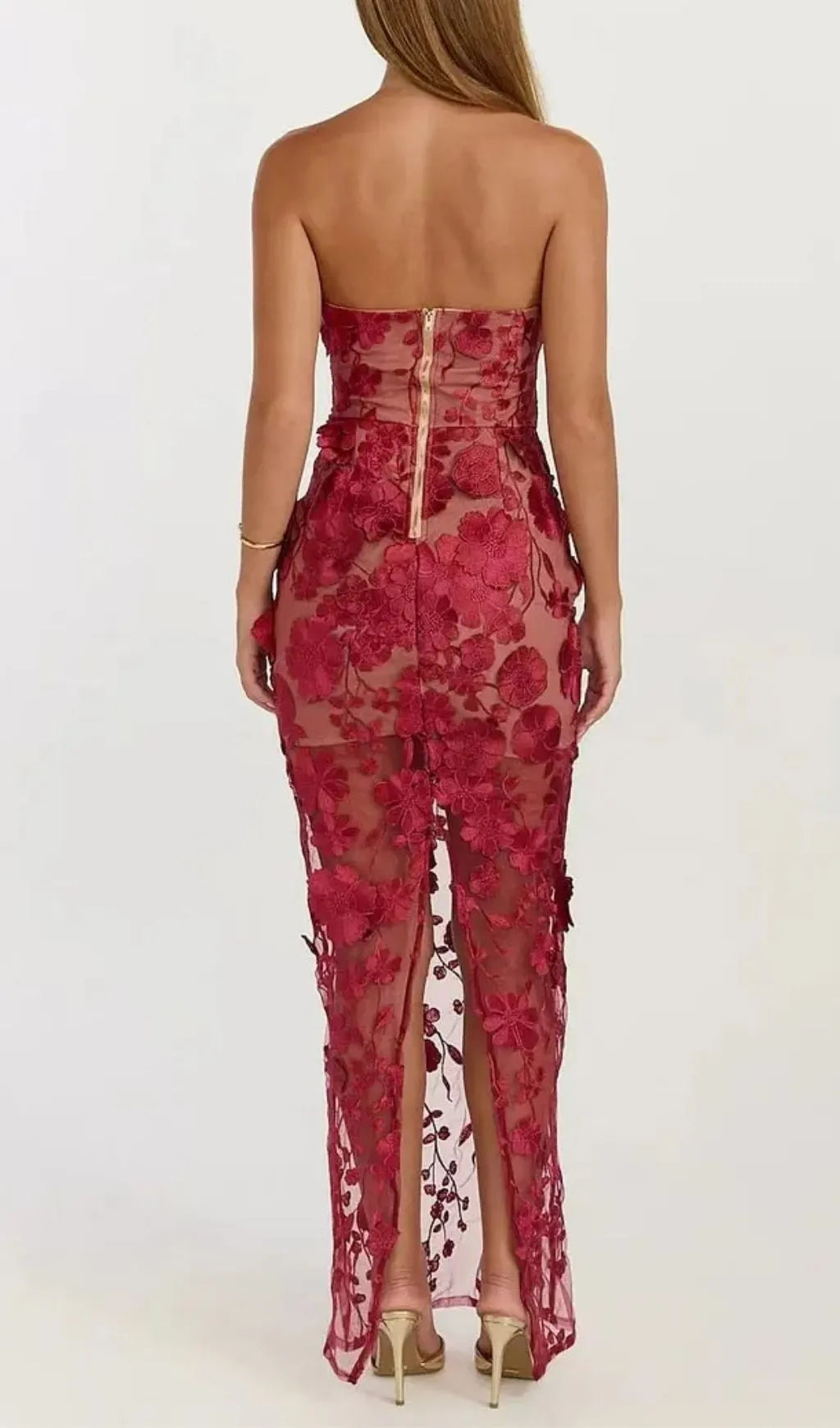 Strapless 3D Floral Mesh Maxi Dress Flowering Girl