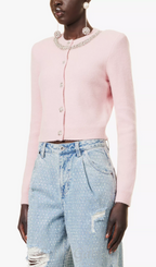 Rhinestone-embellishment padded-shoulders knitted cardigan in pink Flowering Girl