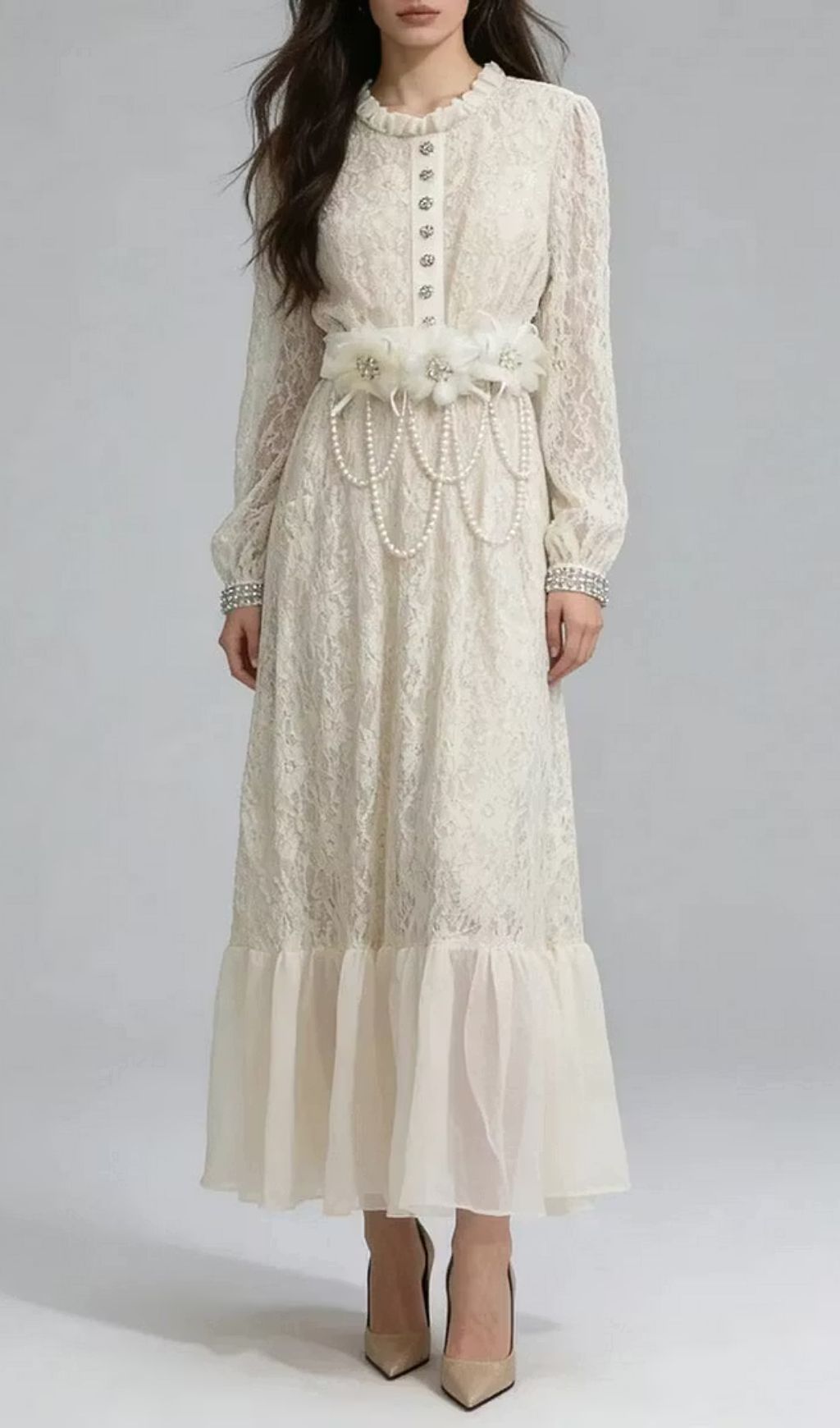 Deborah 3D Floral Tulle Lace Maxi Dress In White Flowering Girl