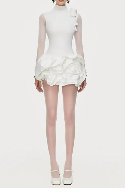 3d Flower Hem Mesh Mini Dress In White Flowering Girl