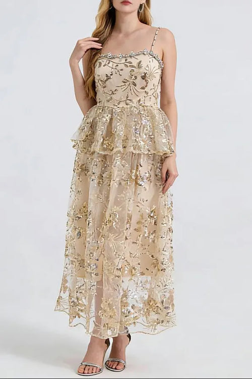 Ashley Gold Rhinestone Sequin Embroidery Layer Maxi Dress Flowering Girl