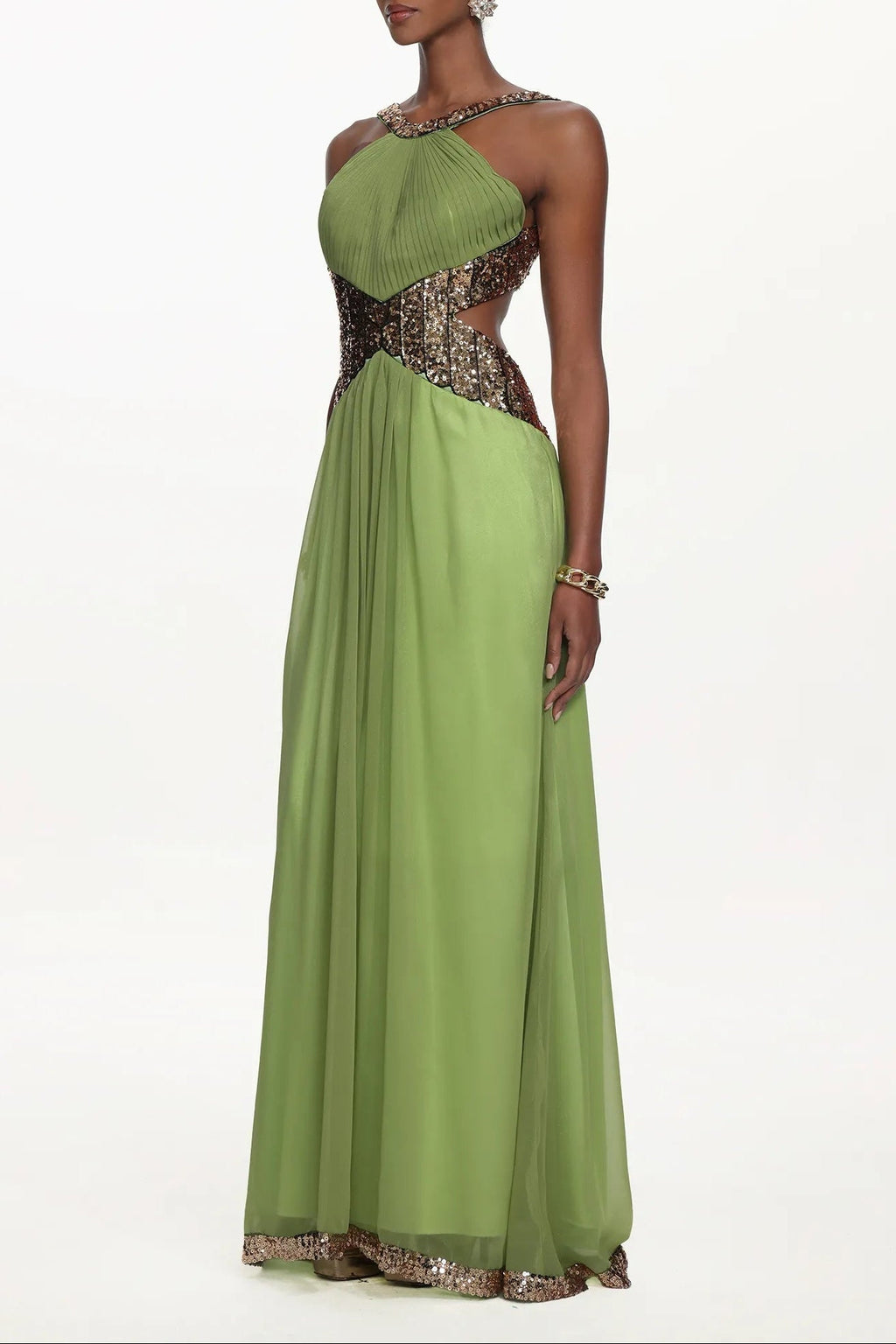 Virginia Green Halter Pleated Cut Out Sequin Maxi Dress Flowering Girl