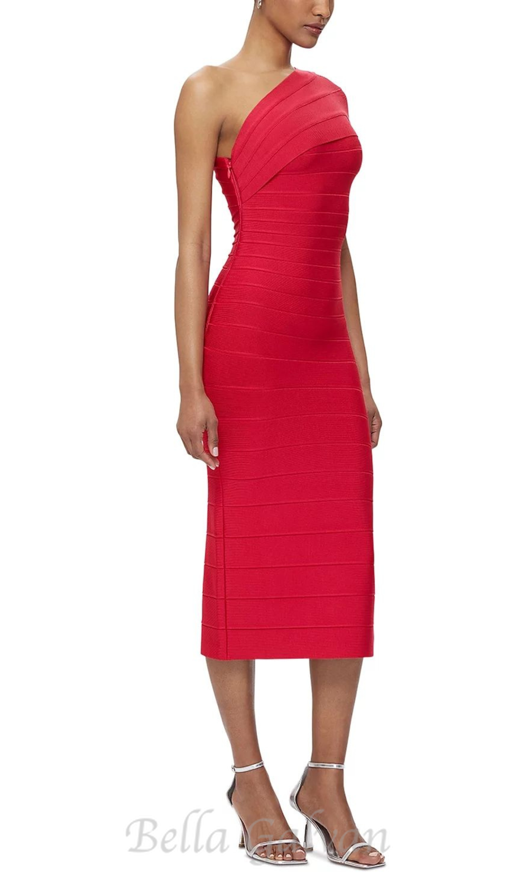 Abigail one-shoulder bandage midi Dress in rio red Flowering Girl