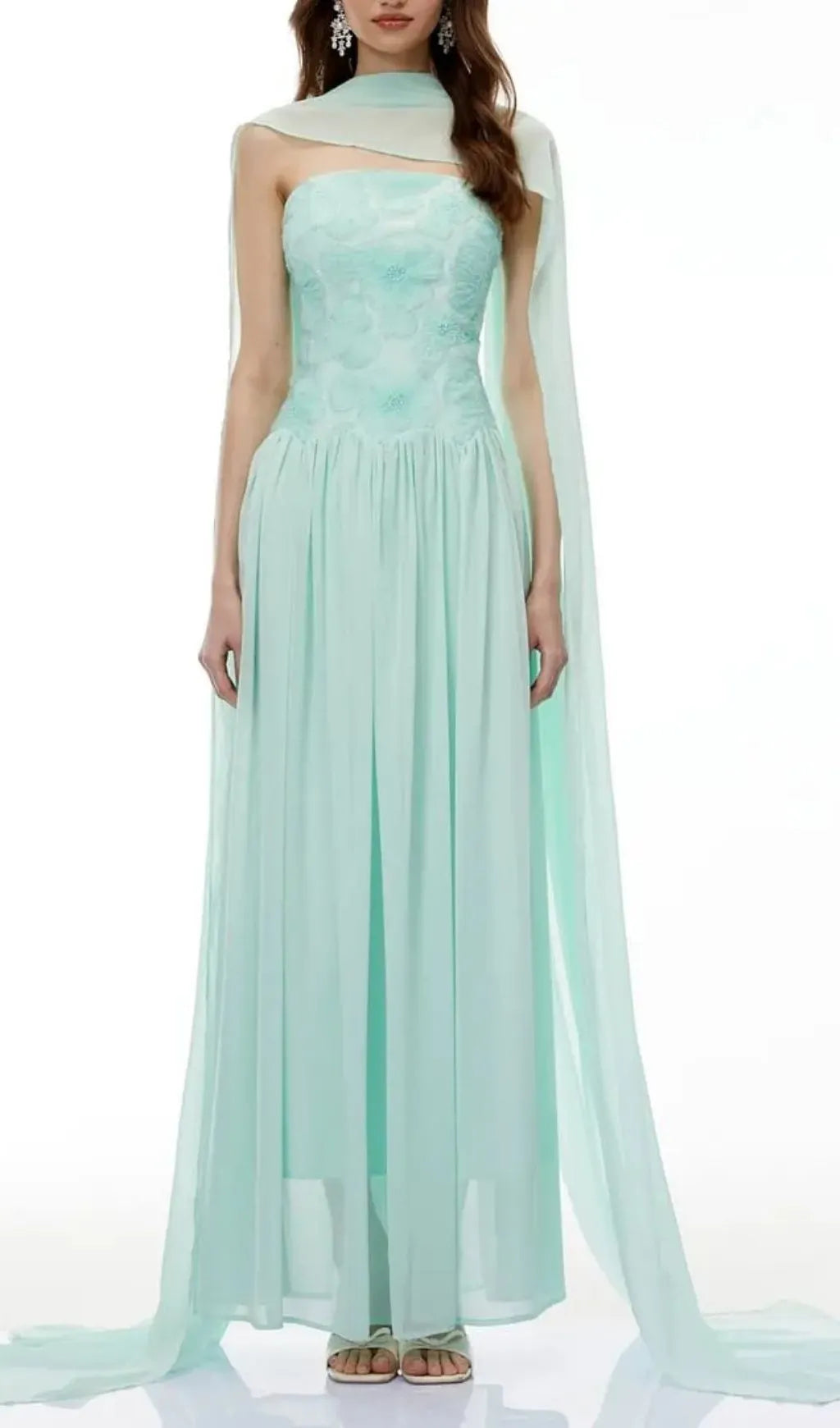 Rebecca Green Floral Embroidered Pleated Maxi Dress Flowering Girl