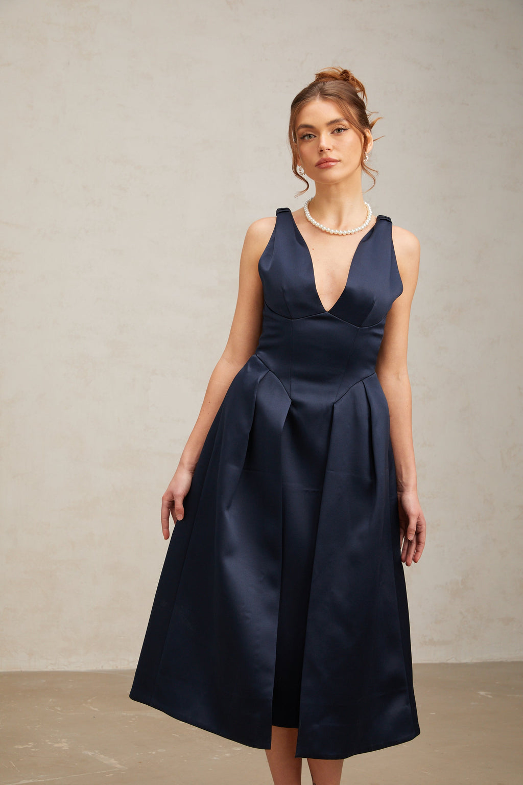 Chantale blue twist-detail satin midi dress Flowering Girl