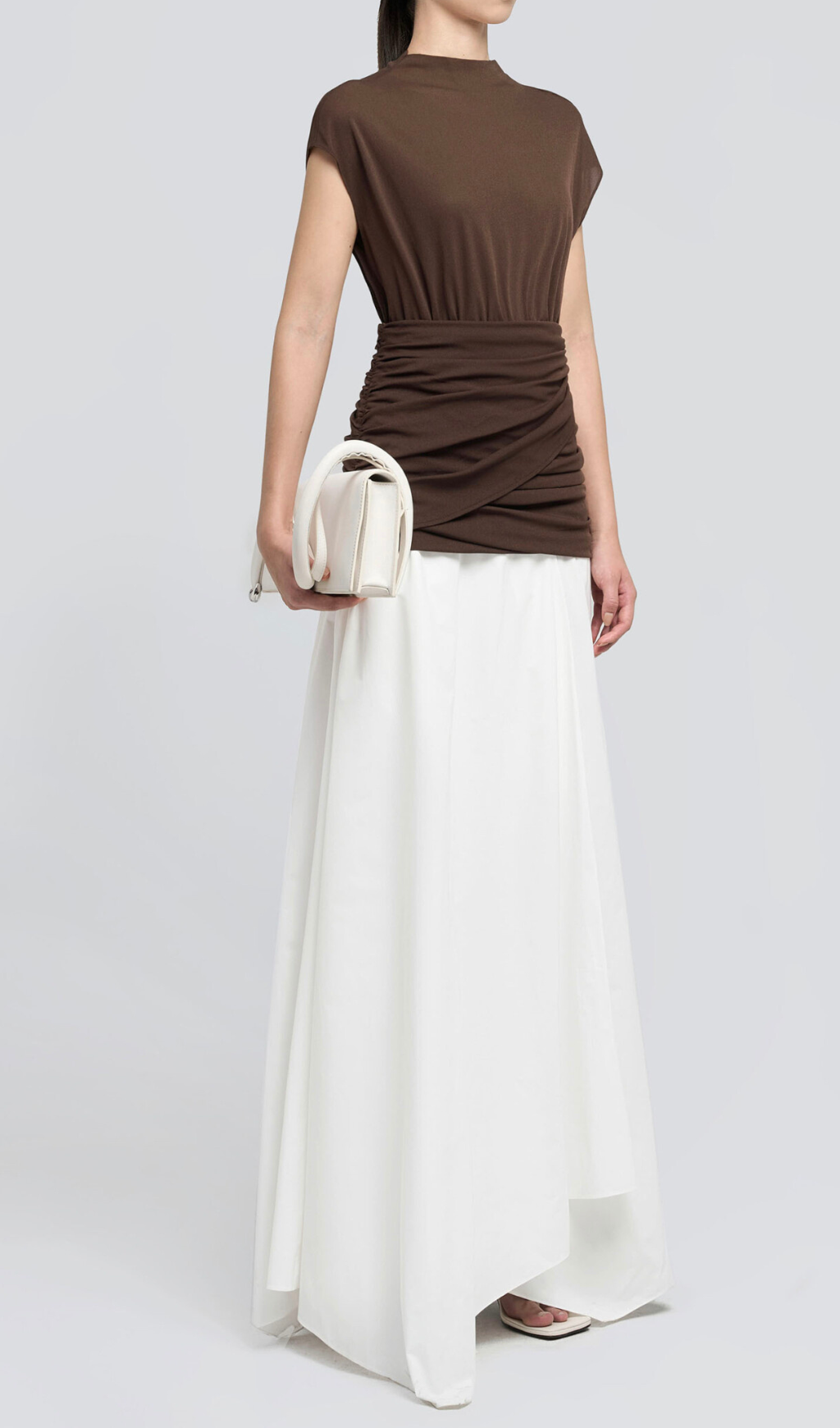 Brown Waist Cross Pleats Midi Dress With Asymmetric Hemline Flowering Girl