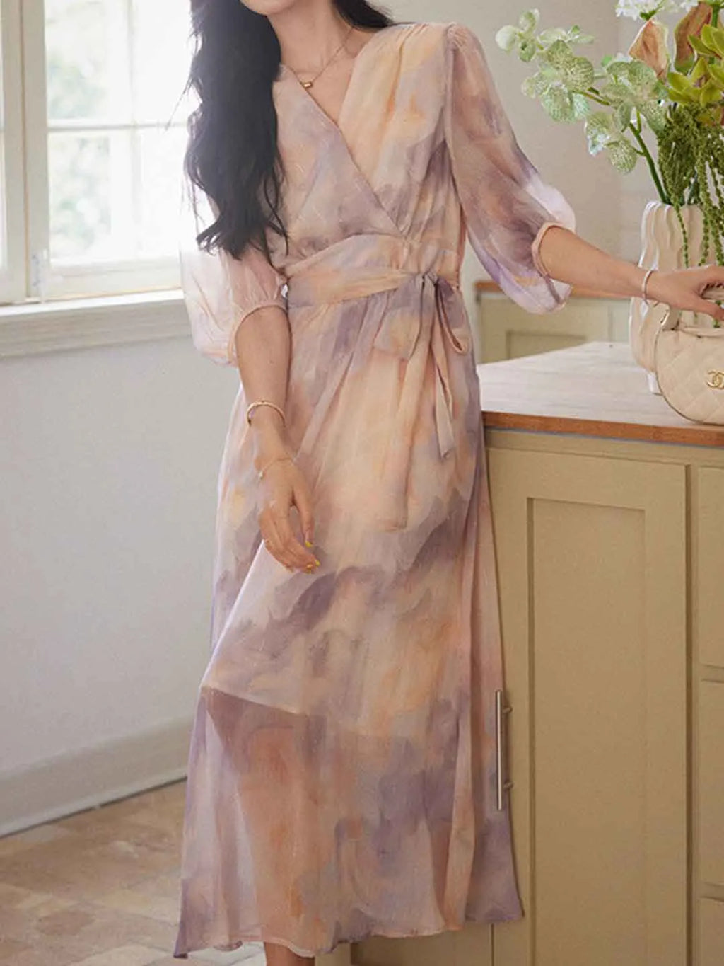 Phoenix Classic V-Neck Floral Printed Tie Dress Flowering Girl