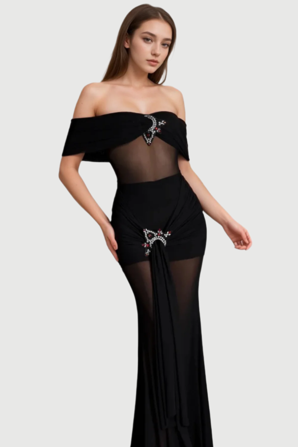 Logilis Crystal Sheer Mesh Dress In Black Flowering Girl