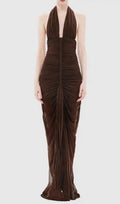 Nancy V-Neck Pleated Braided Bodycon Maxi Dress - Brown Flowering Girl