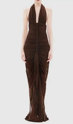 Nancy V-Neck Pleated Braided Bodycon Maxi Dress - Brown Flowering Girl
