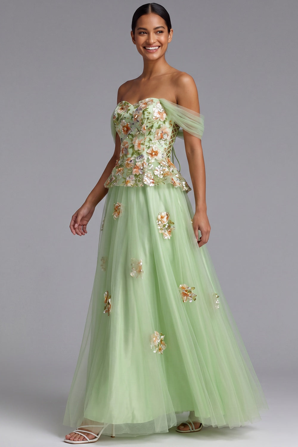Light Green Off-The-Shoulder Floor-Length Gown with Floral Embellishments Flowering Girl