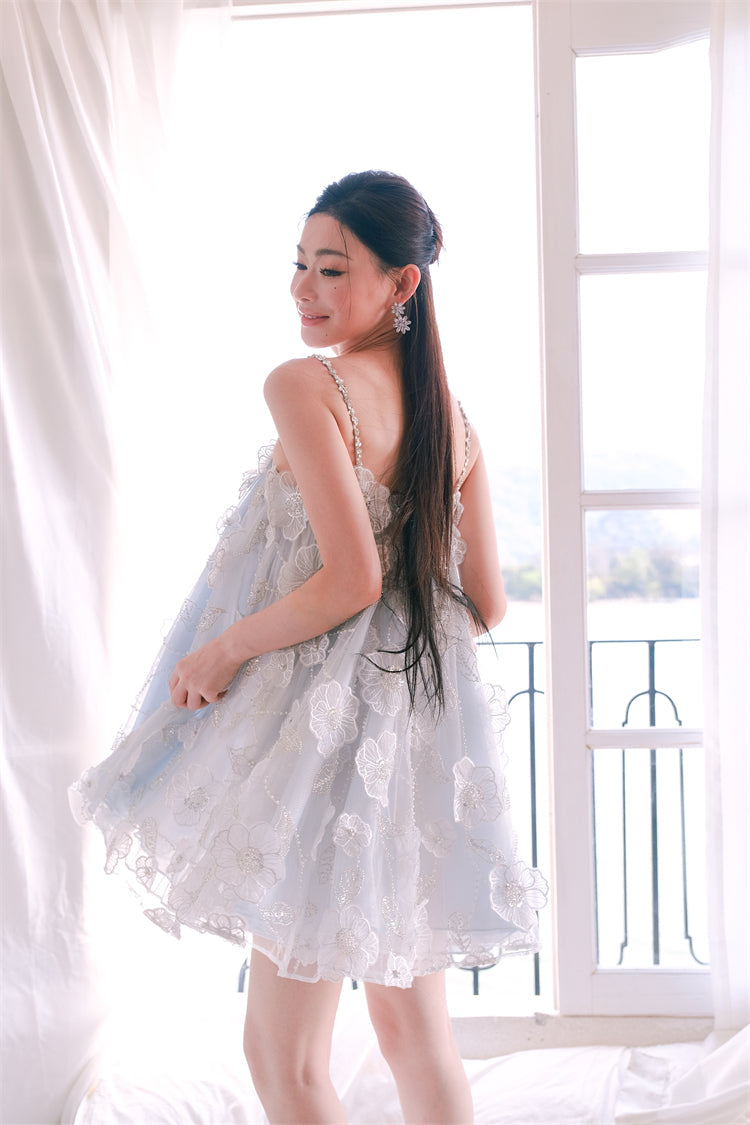 Tutu Light Blue Sleeveless Flower Diamond Short Doll Dress Flowering Girl