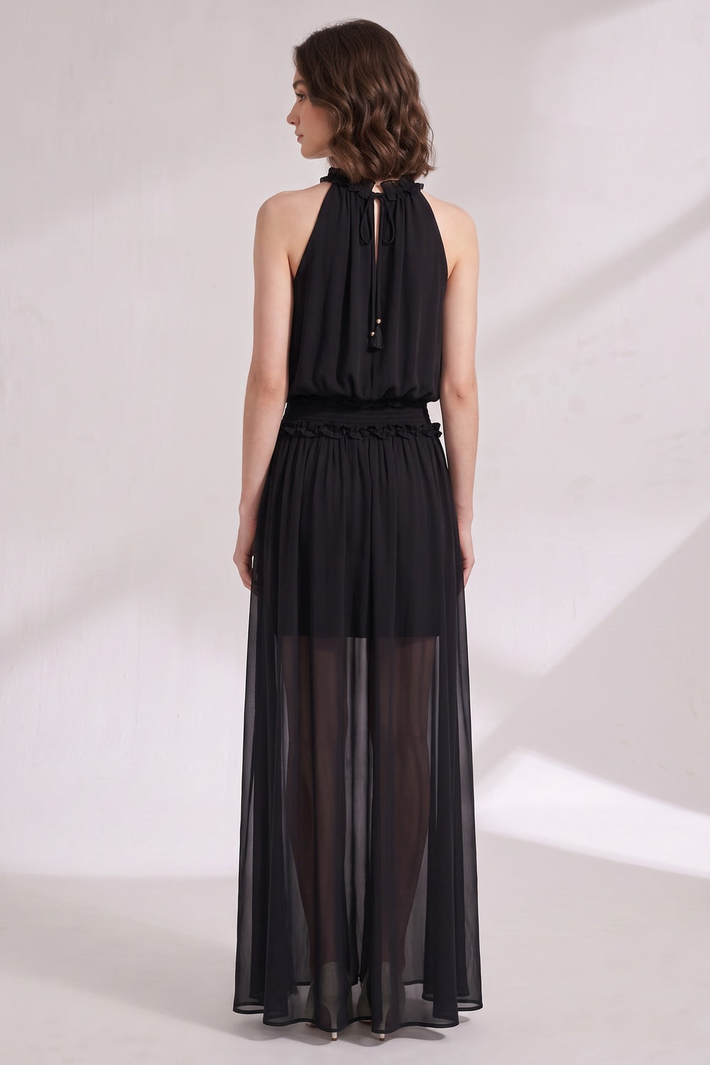 Black Chiffon A-Line Blouson Maxi Dress Flowering Girl