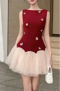 Beryl 3D Flower Patchwork Tulle Mini Dress In Red Flowering Girl