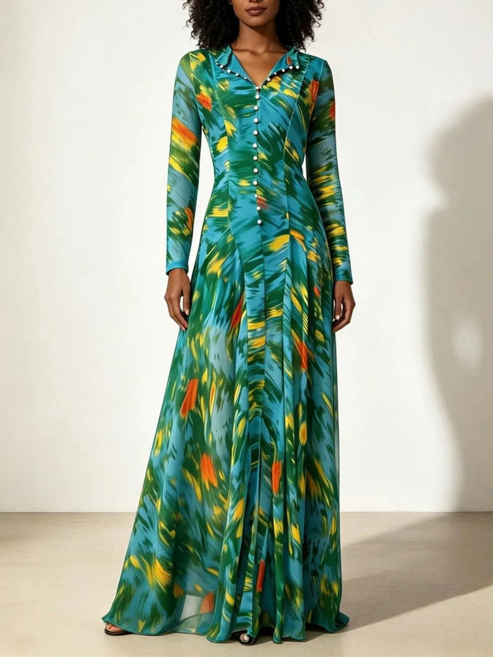 Maribeth Green Long Sleeve Printed Maxi Dress Flowering Girl