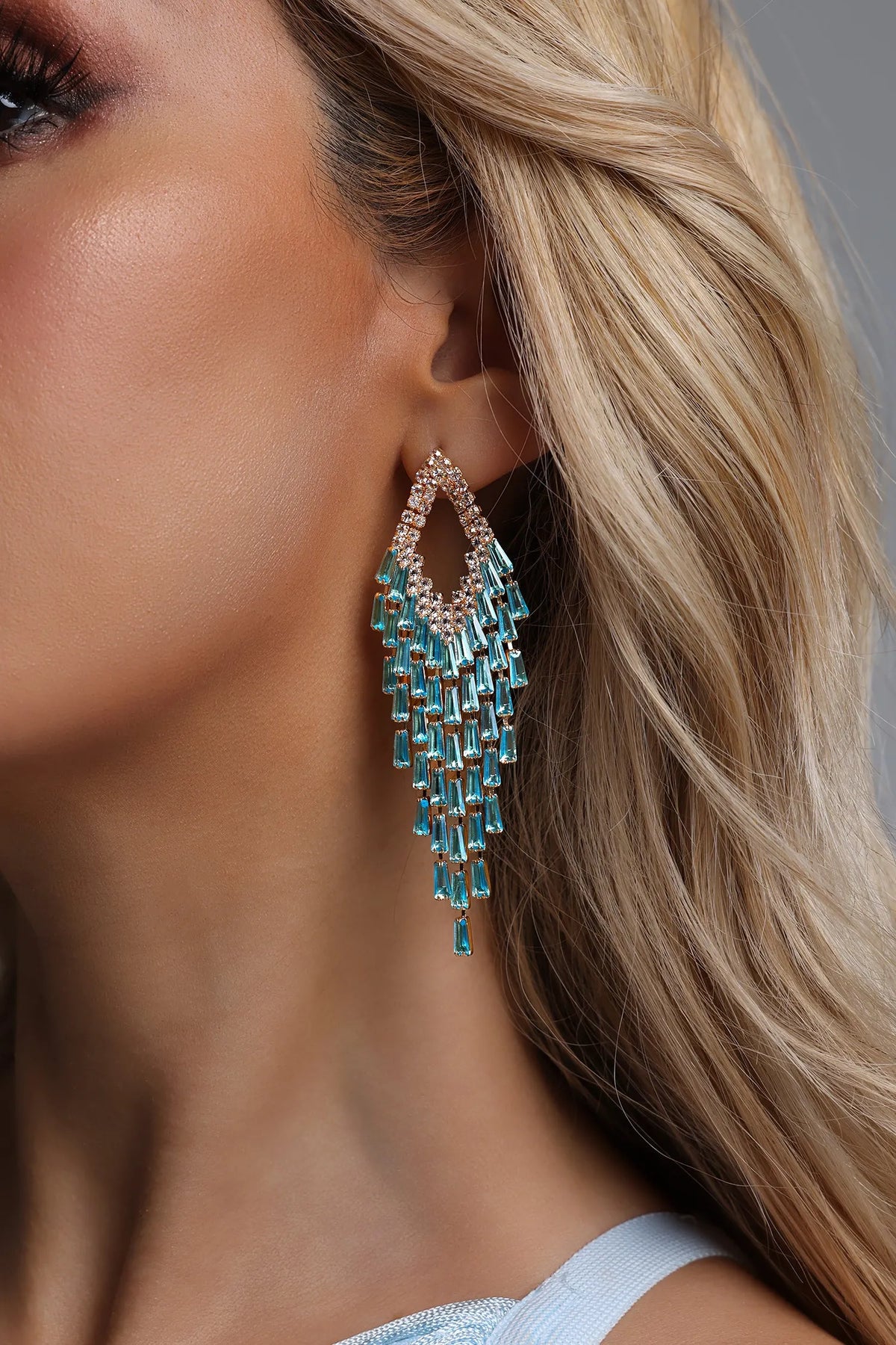 Teardrop Frame Aqua Baguette Crystal Tassel Drop Earrings Flowering Girl