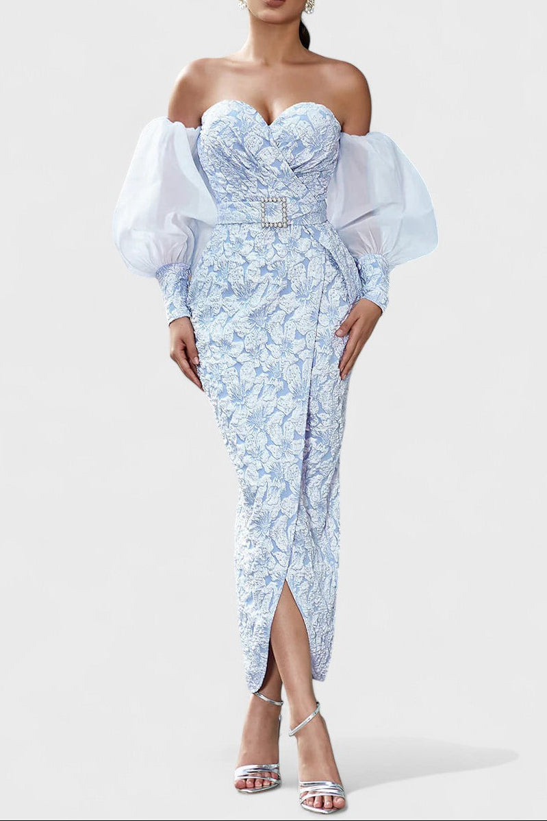 Izobel Off-Shoulder Embroidered Midi Dress – Icy Blue Flowering Girl