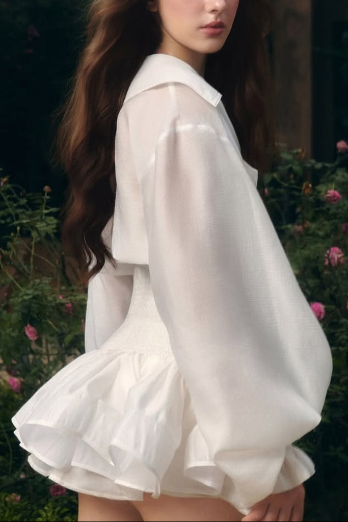 Zenobia Large Lapel Button Puff Sleeve Tutu Mini Dress In White Flowering Girl