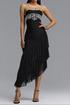 Black Strapless Rhinestone Embellished Asymmetric Ruffle Tulle Midi Dress Flowering Girl