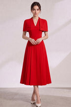 Red Structured Crepe Fit-and-Flare Midi Dress with Capelet Flowering Girl