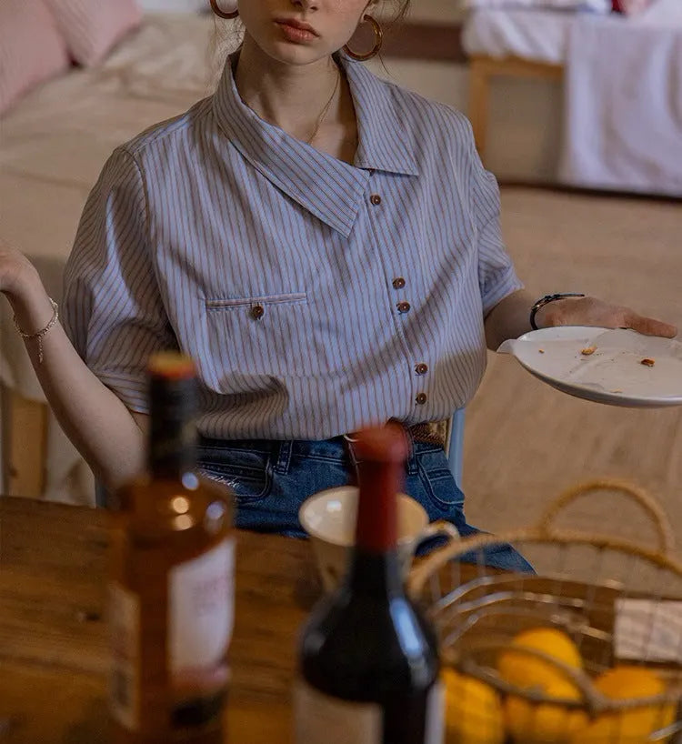 Blend Stripe Placket Collar Short Sleeve Design Shirt Flowering Girl