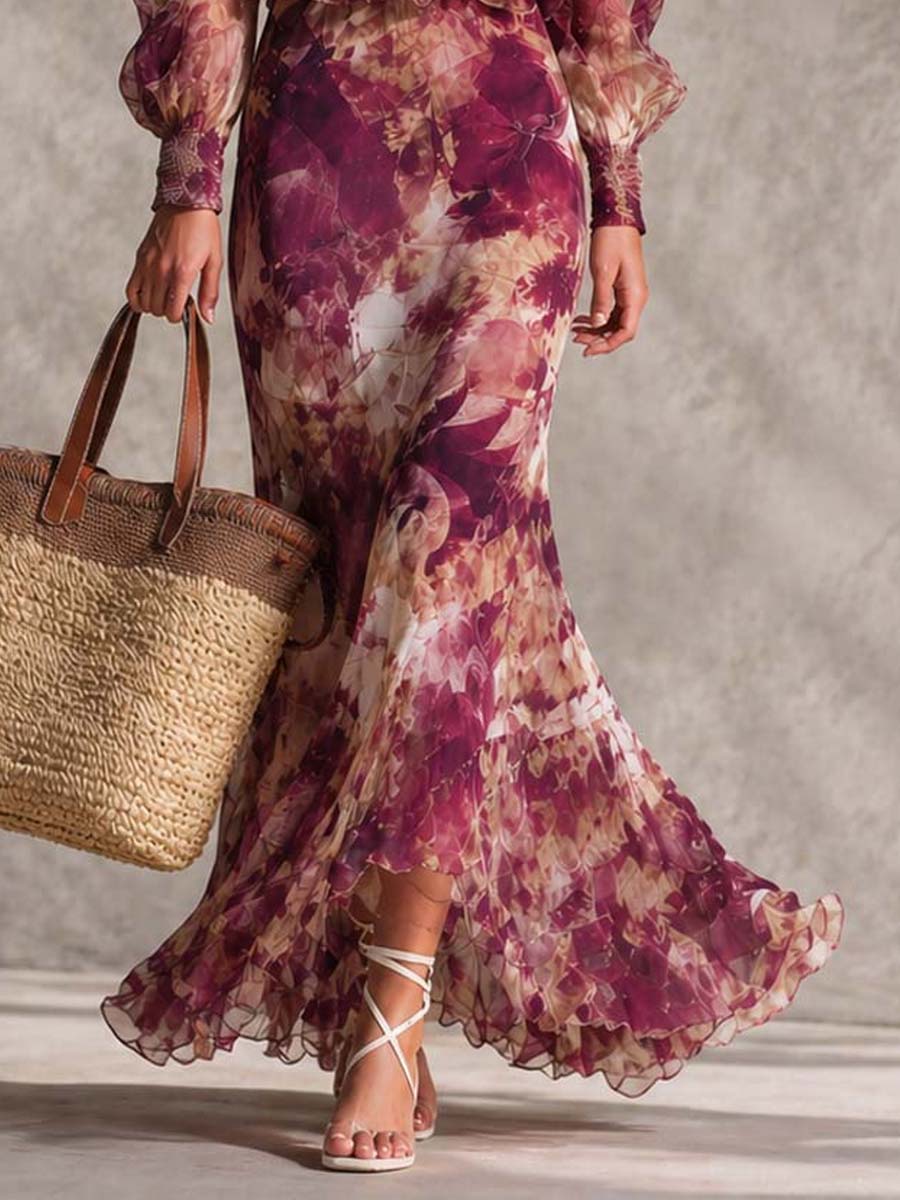 Rose Pink Floral Off-Shoulder Chiffon Maxi Dress Flowering Girl