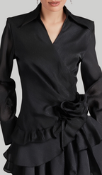Flower Ruffle Ribbon Mini Dress In Black Flowering Girl