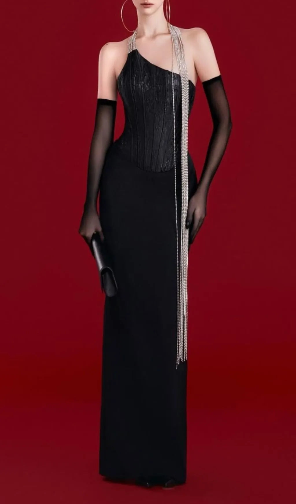 Josué Black Corset Diamond Chain Bandage Maxi Dress Flowering Girl