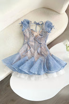 Lace Embroidery Puffy Mini Dress In Blue Flowering Girl